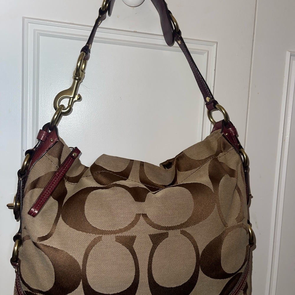 Coach Brown with burgundy  Signature Shoulder Bag